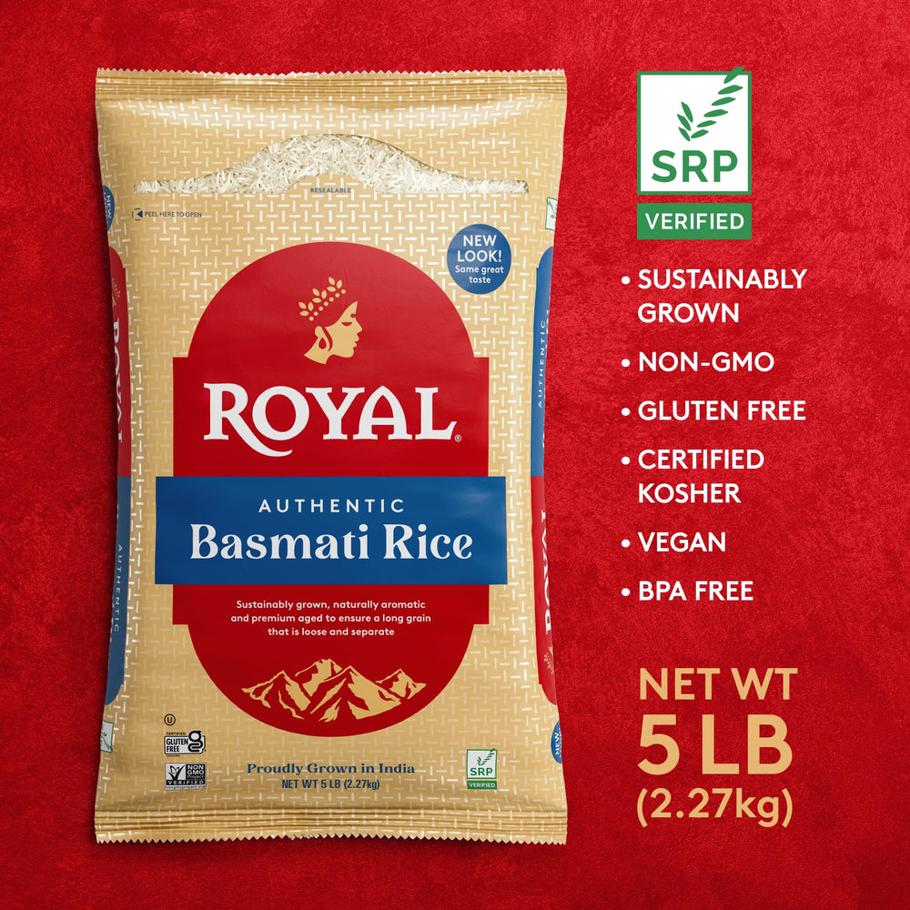 Royal close-up of bag label highlighting aged basmati and origin benefits
