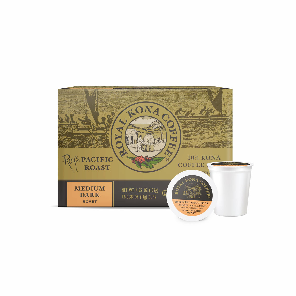 ROYAL KONA COFFEE FOR ROYALTY front box showing branding and 12-count benefit