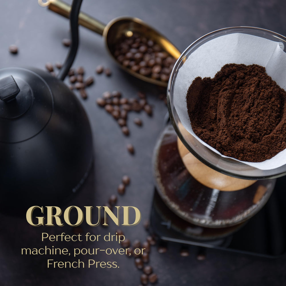 ROYAL KONA COFFEE ground texture close-up showing medium-roast grind consistent for brewing