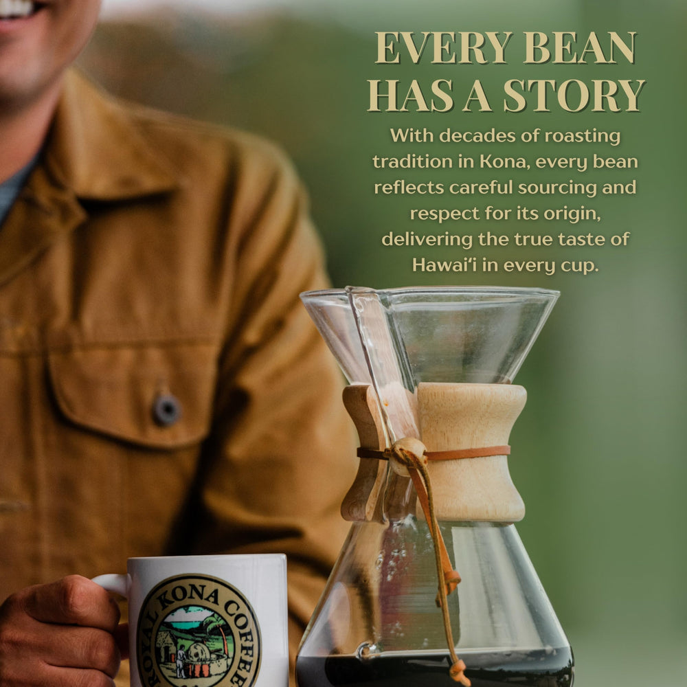 ROYAL KONA COFFEE label with Kona origin map showing authentic Hawaiian sourcing