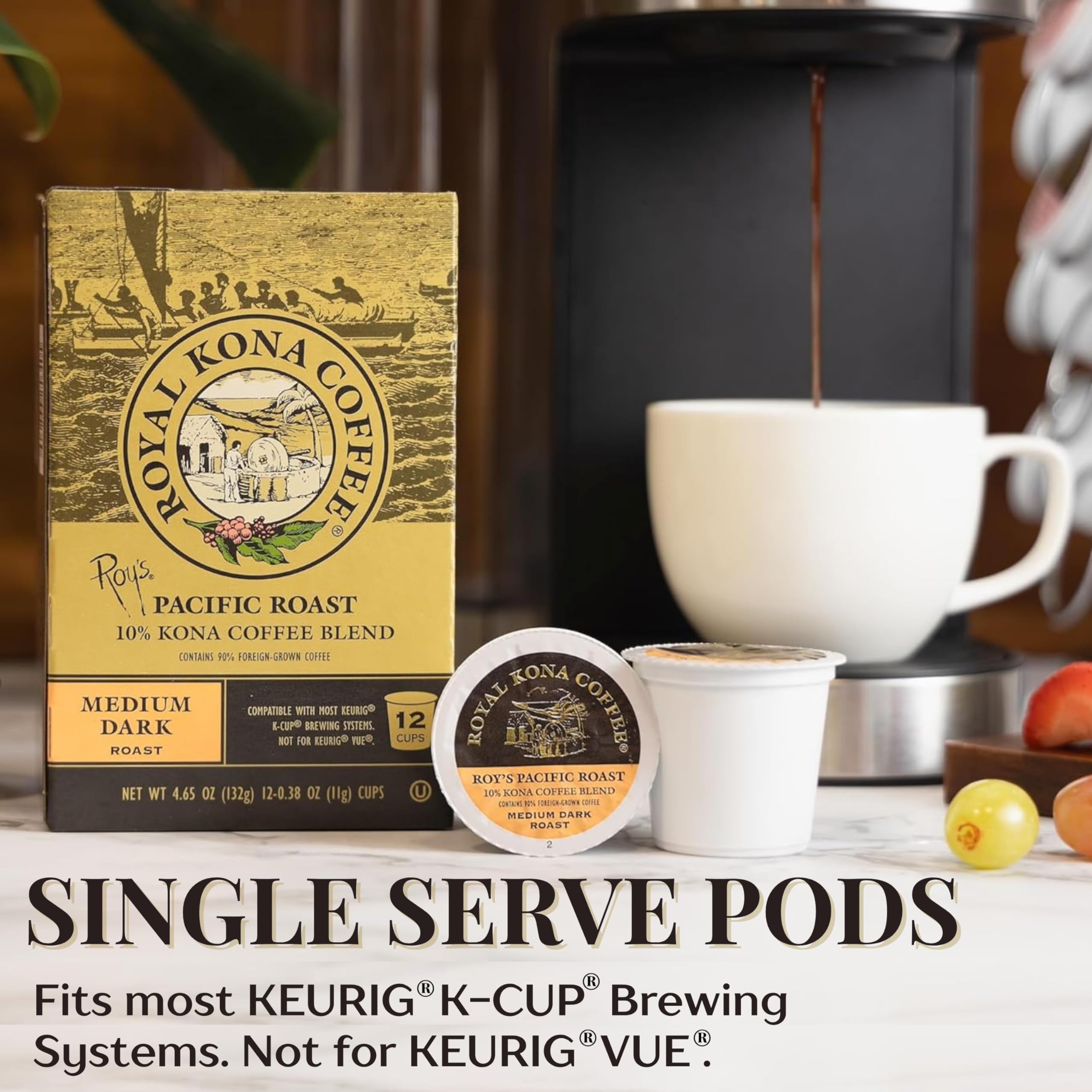 ROYAL KONA COFFEE FOR ROYALTY pod placed in brewer for quick convenience