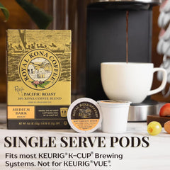 ROYAL KONA COFFEE FOR ROYALTY pod placed in brewer for quick convenience