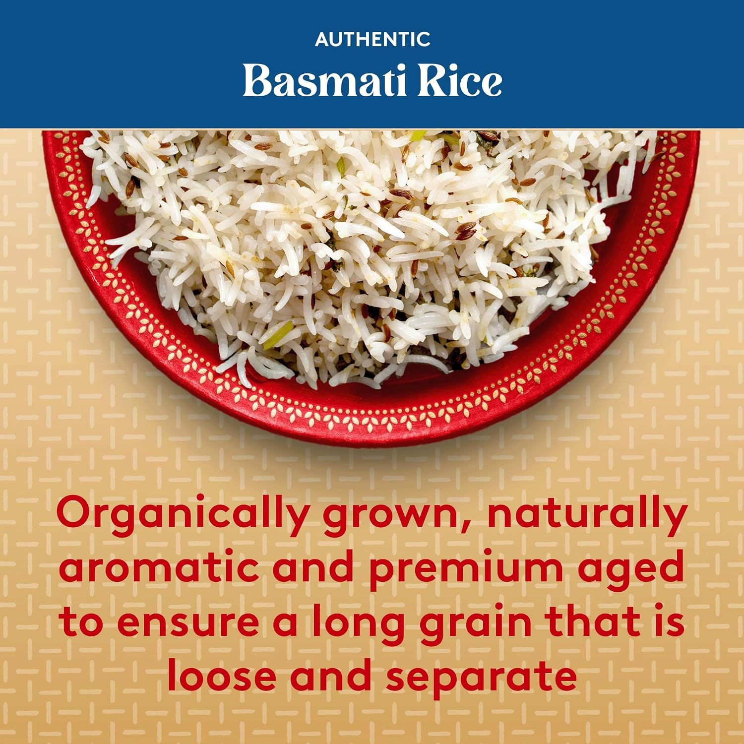 Royal organic basmati cooked rice in bowl demonstrating fluffy, separate grains