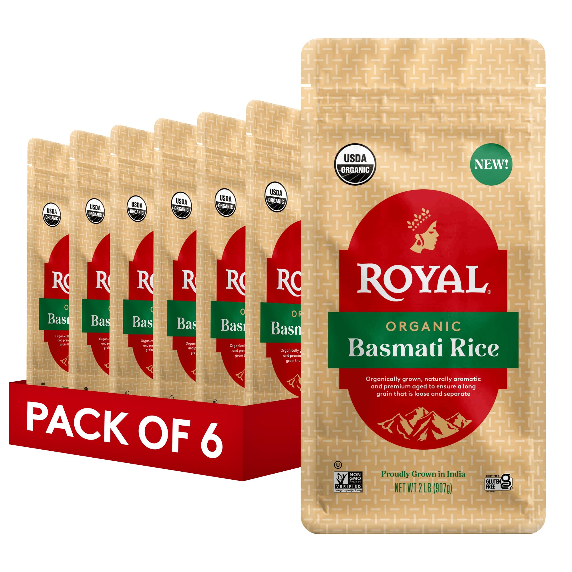 Royal organic basmati front packaging shows product and multi‑pack convenience