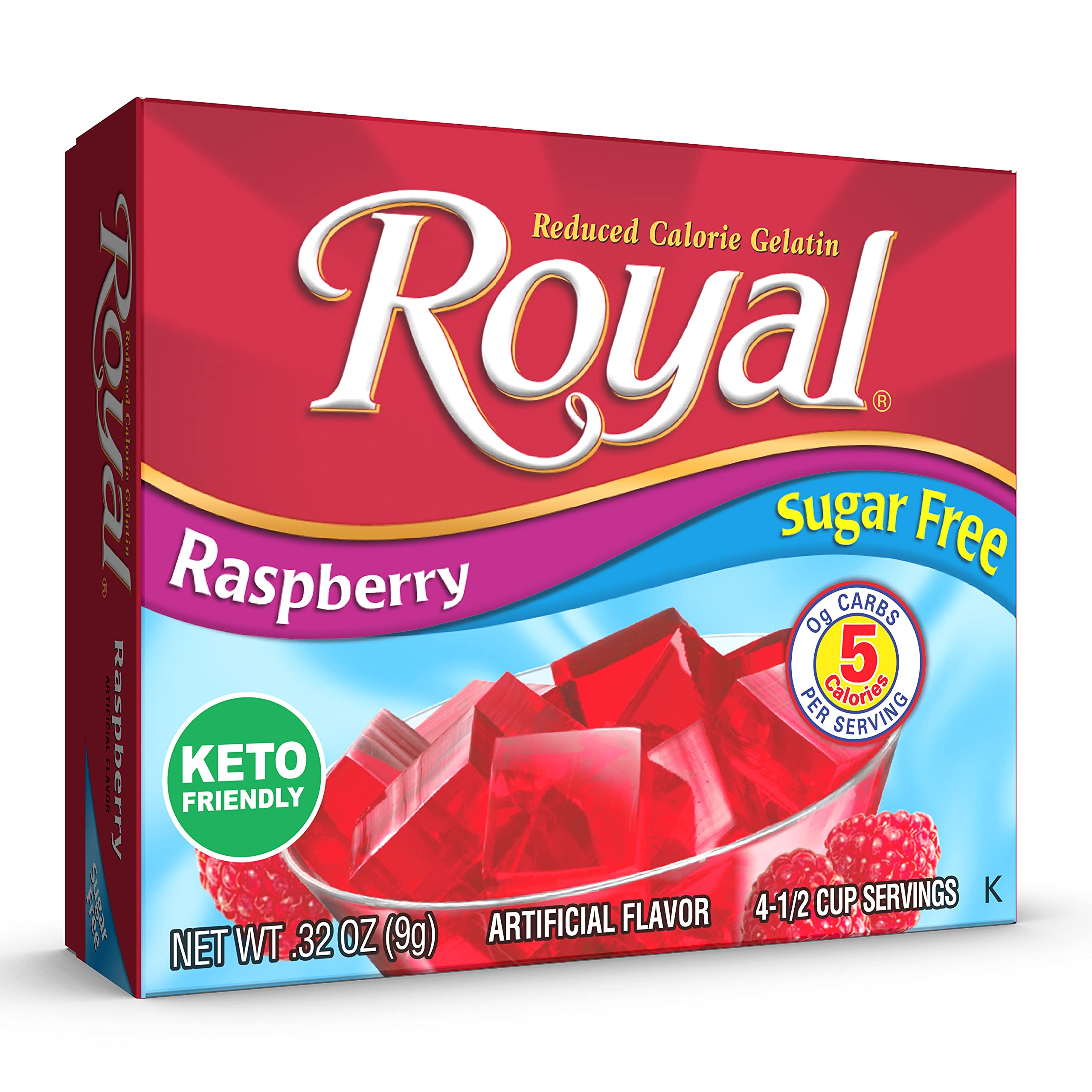 Royal raspberry gelatin served with fresh berries, Royal enhances flavor contrast