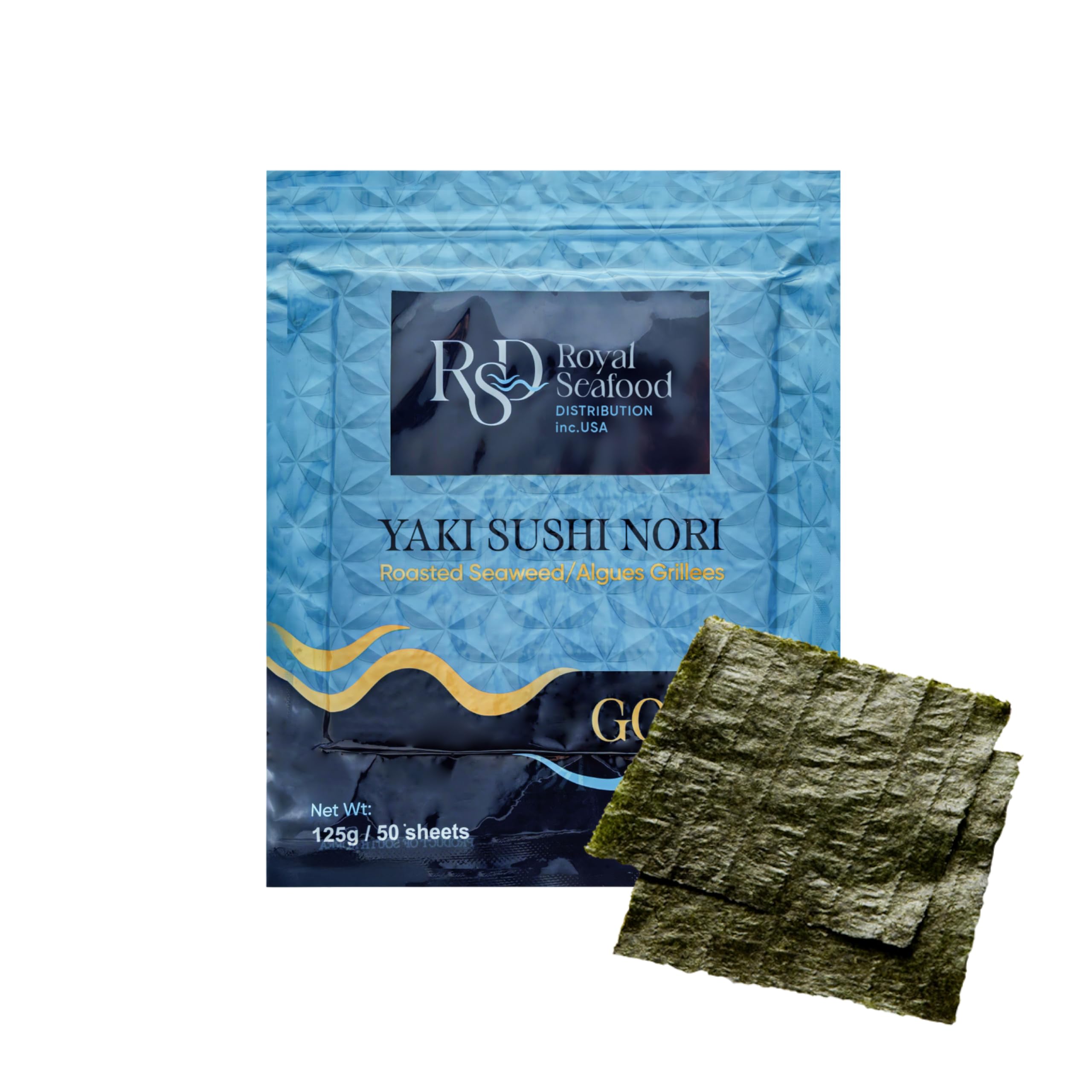 Royal Seafood Distribution front packaging showing 50-sheet resealable bag and benefits