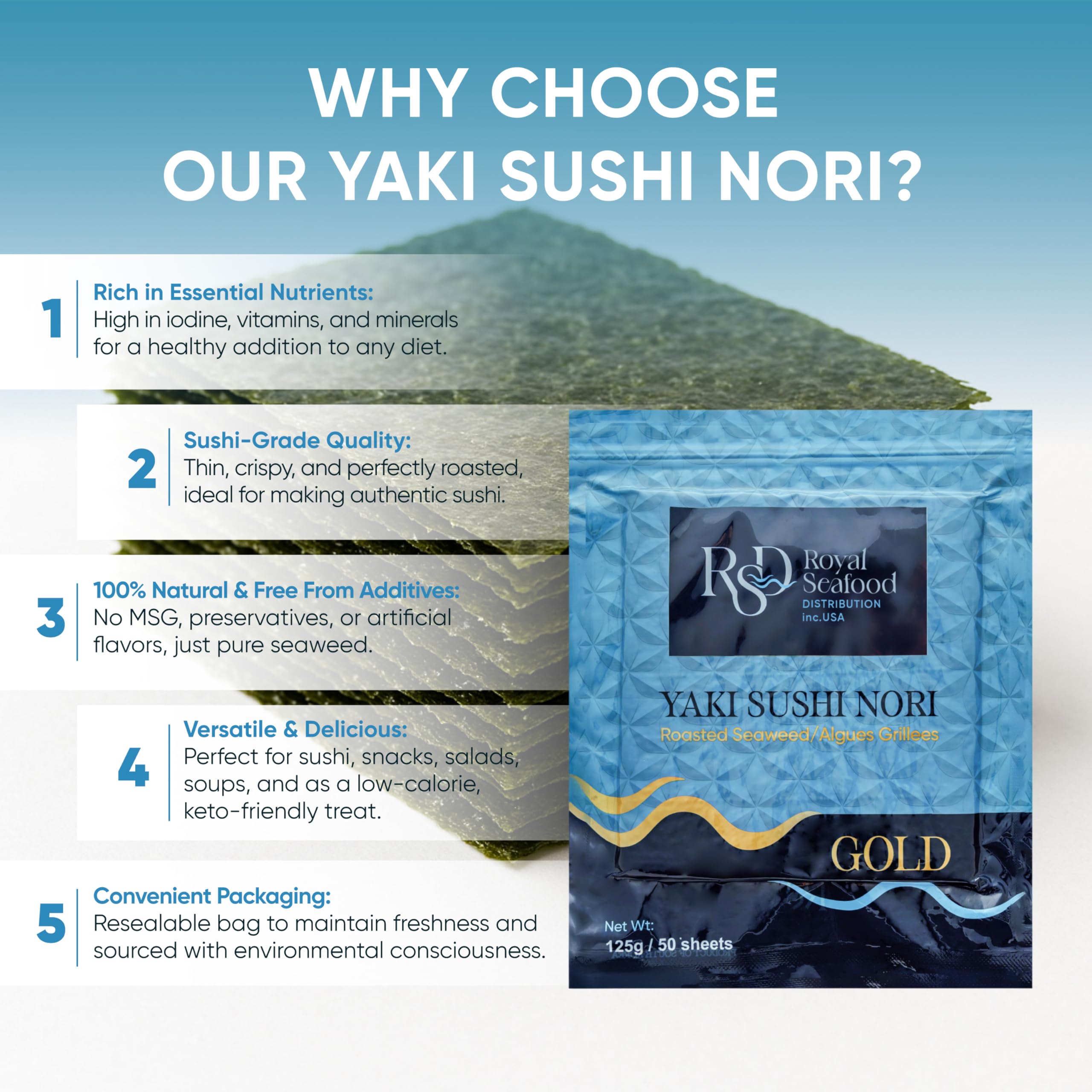 Royal Seafood Distribution neat stack of full-size nori sheets demonstrating consistent thickness