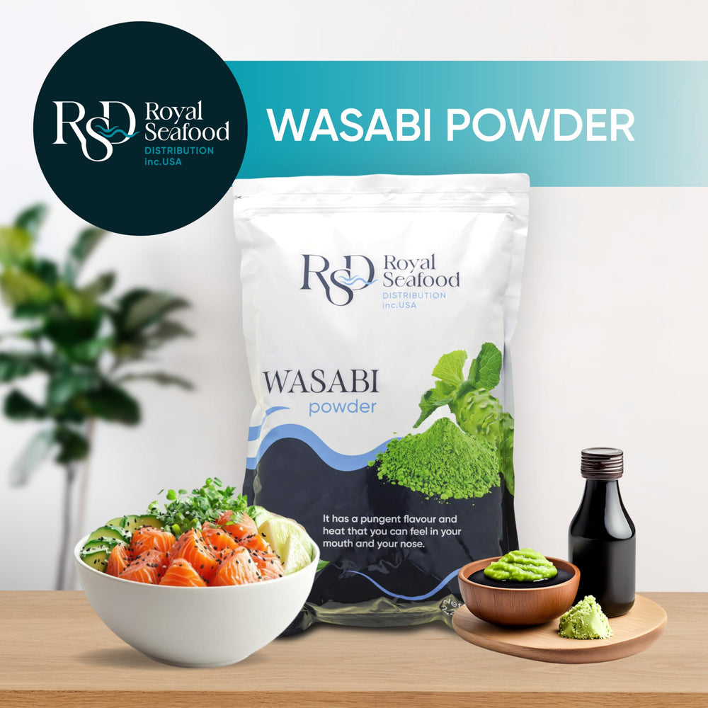 Royal Seafood Distribution powder beside measuring scale showing bulk size value