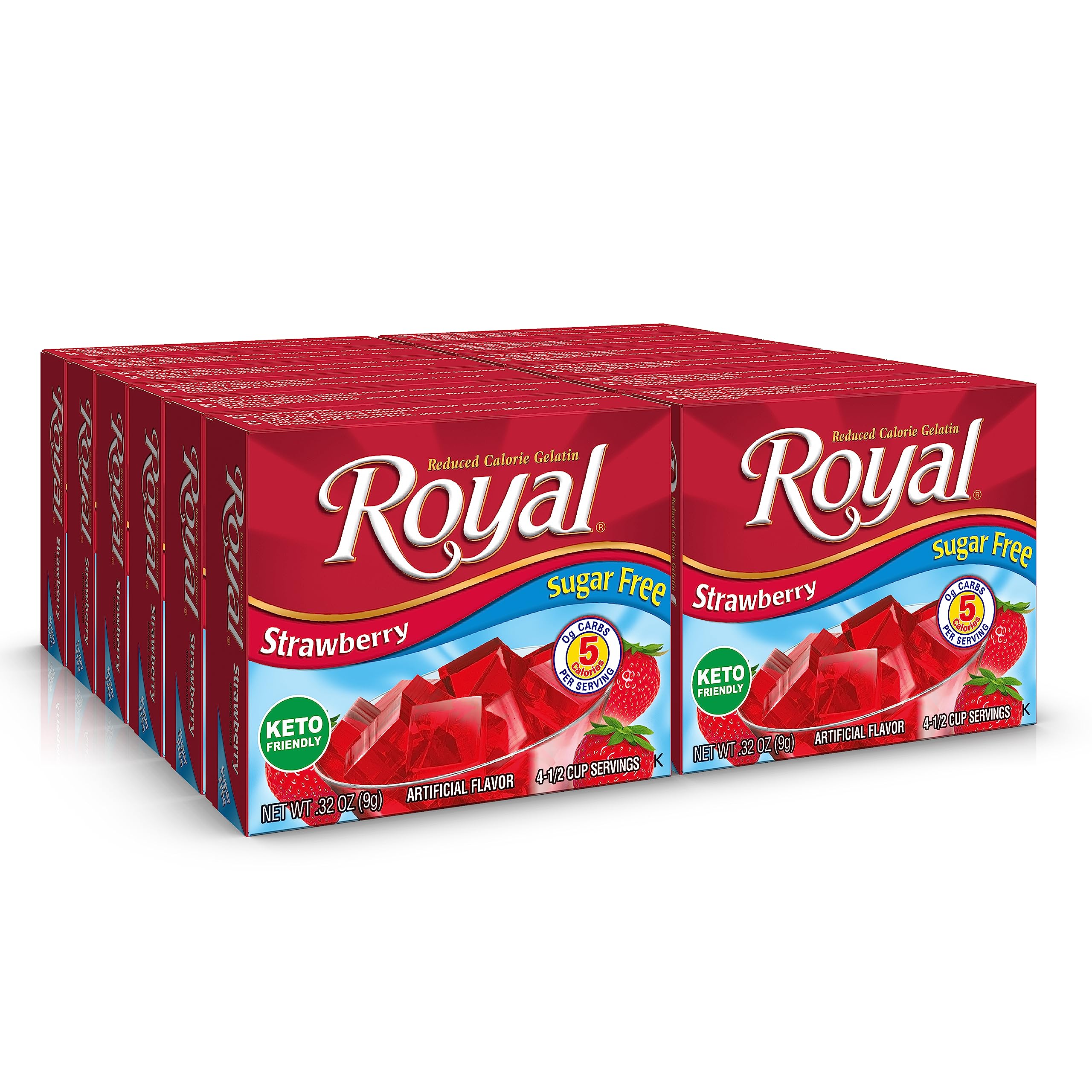 Royal front packaging showing strawberry gelatin packets and quick preparation benefit