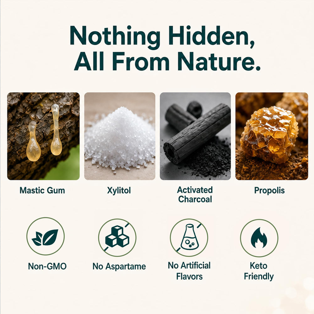 Royalee ingredient display featuring xylitol and hydroxyapatite for enamel support