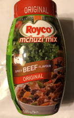Royco front packaging showing 500g spicy beef seasoning, enhances stews