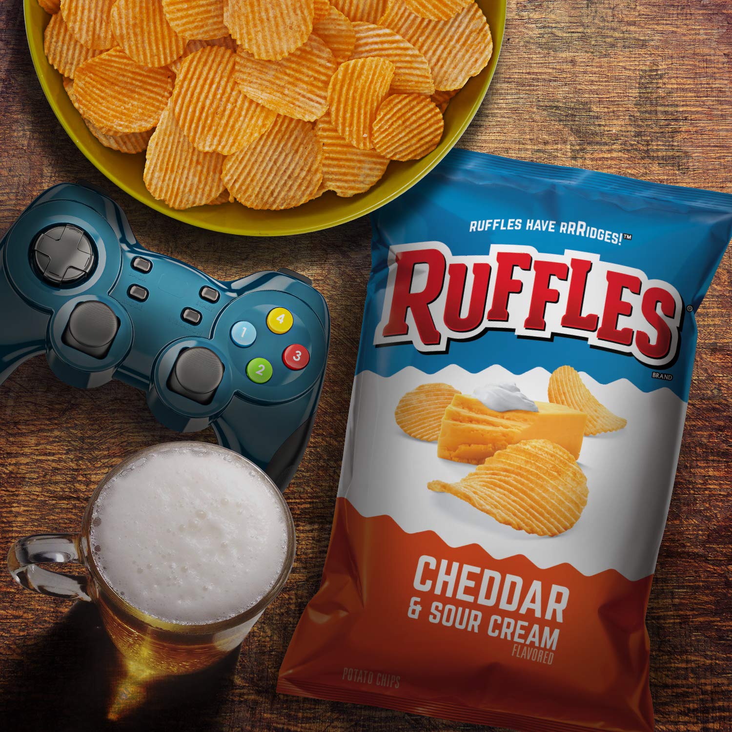 Ruffles Sour Cream & Onion bag emphasizing savory flavor on the go