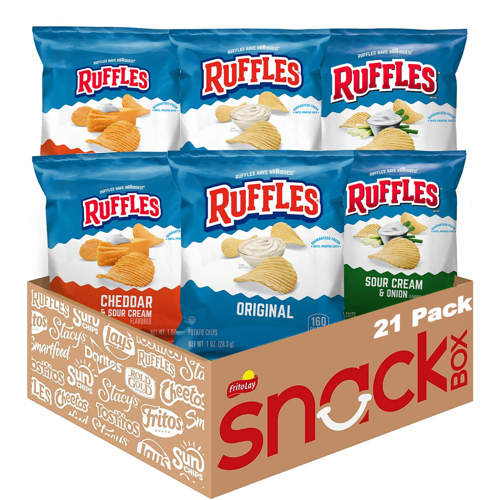 Ruffles variety pack front showing three flavors, convenient portioning benefit
