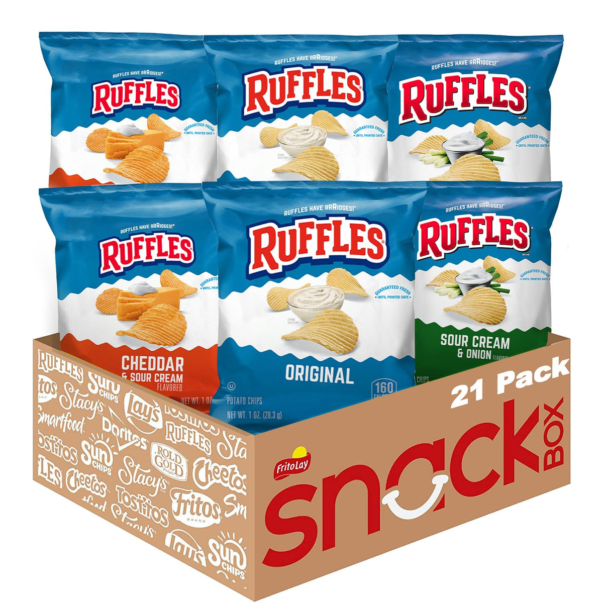 Ruffles variety pack front showing three flavors, convenient portioning benefit
