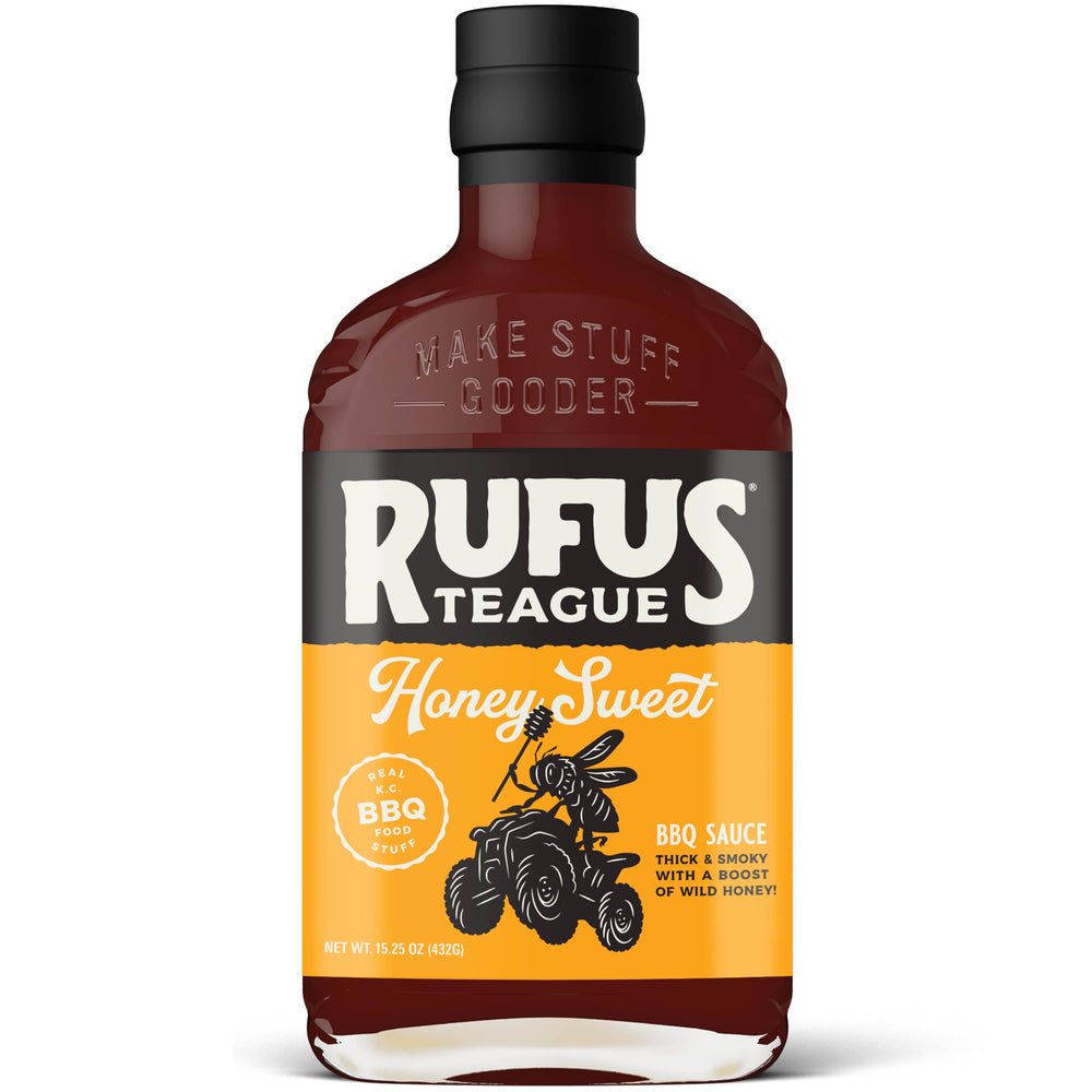 Rufus Teague front bottle view showing packaging and bold honey BBQ flavor benefit