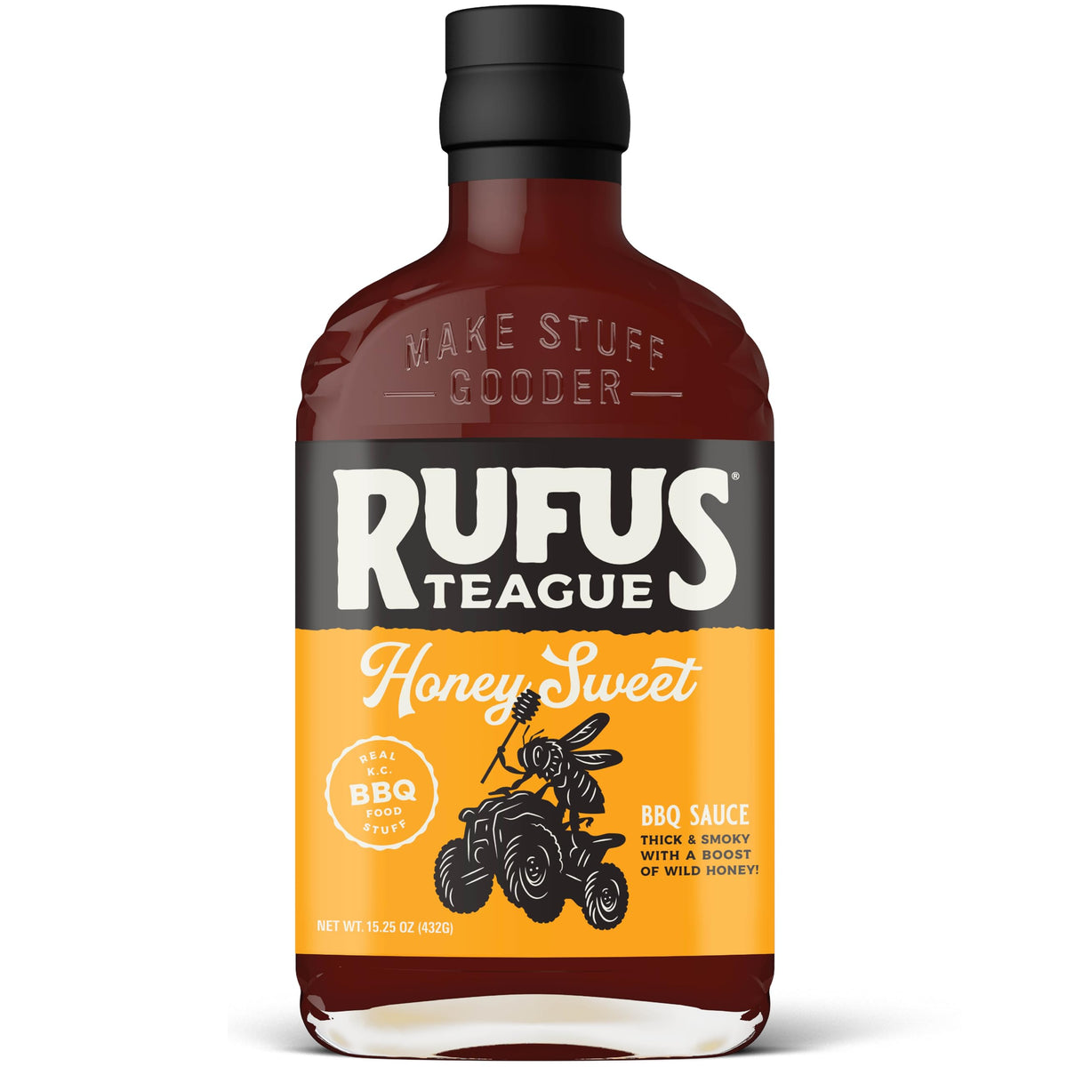 Rufus Teague front bottle view showing packaging and bold honey BBQ flavor benefit