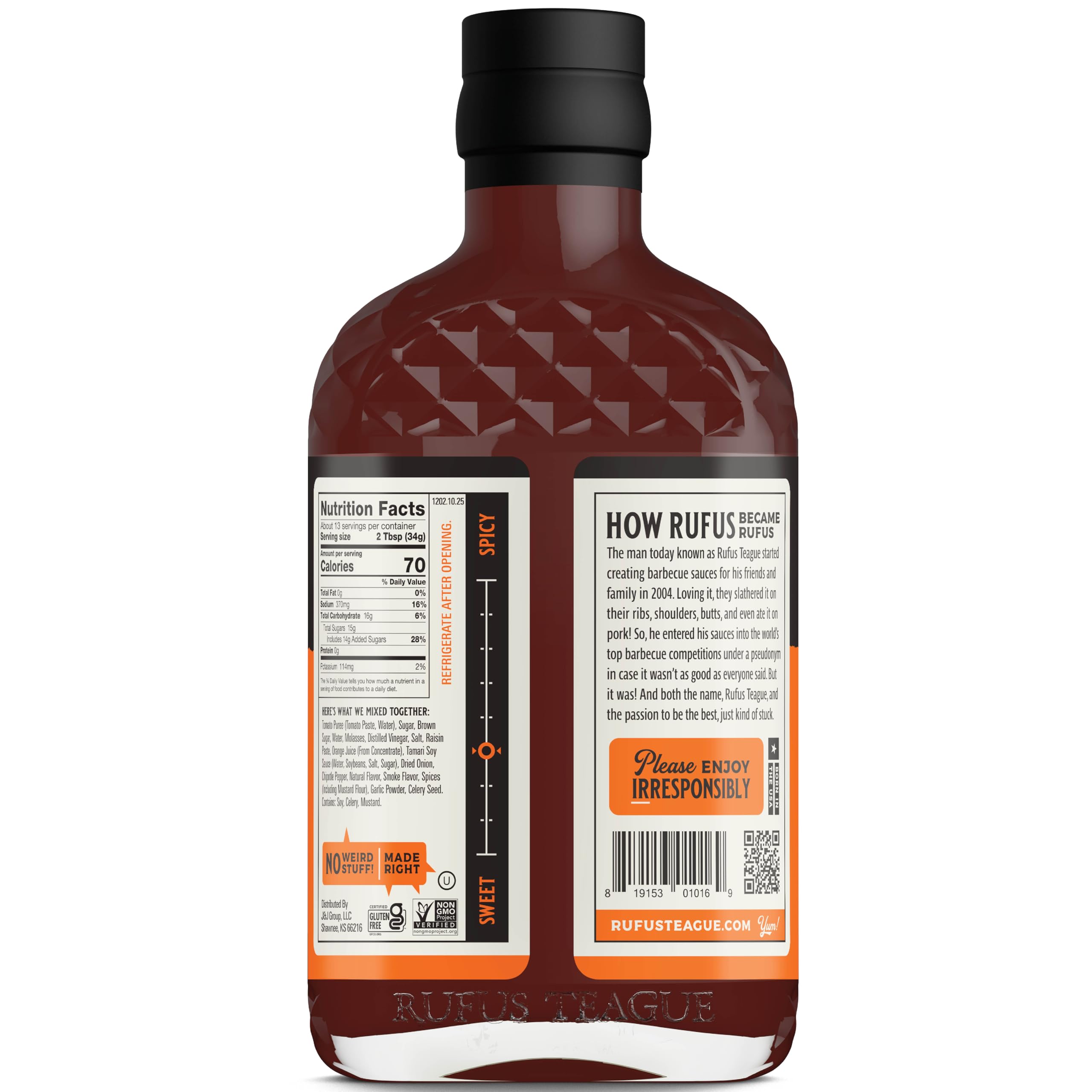 Rufus Teague label close-up highlighting ingredients and clean formulation benefit