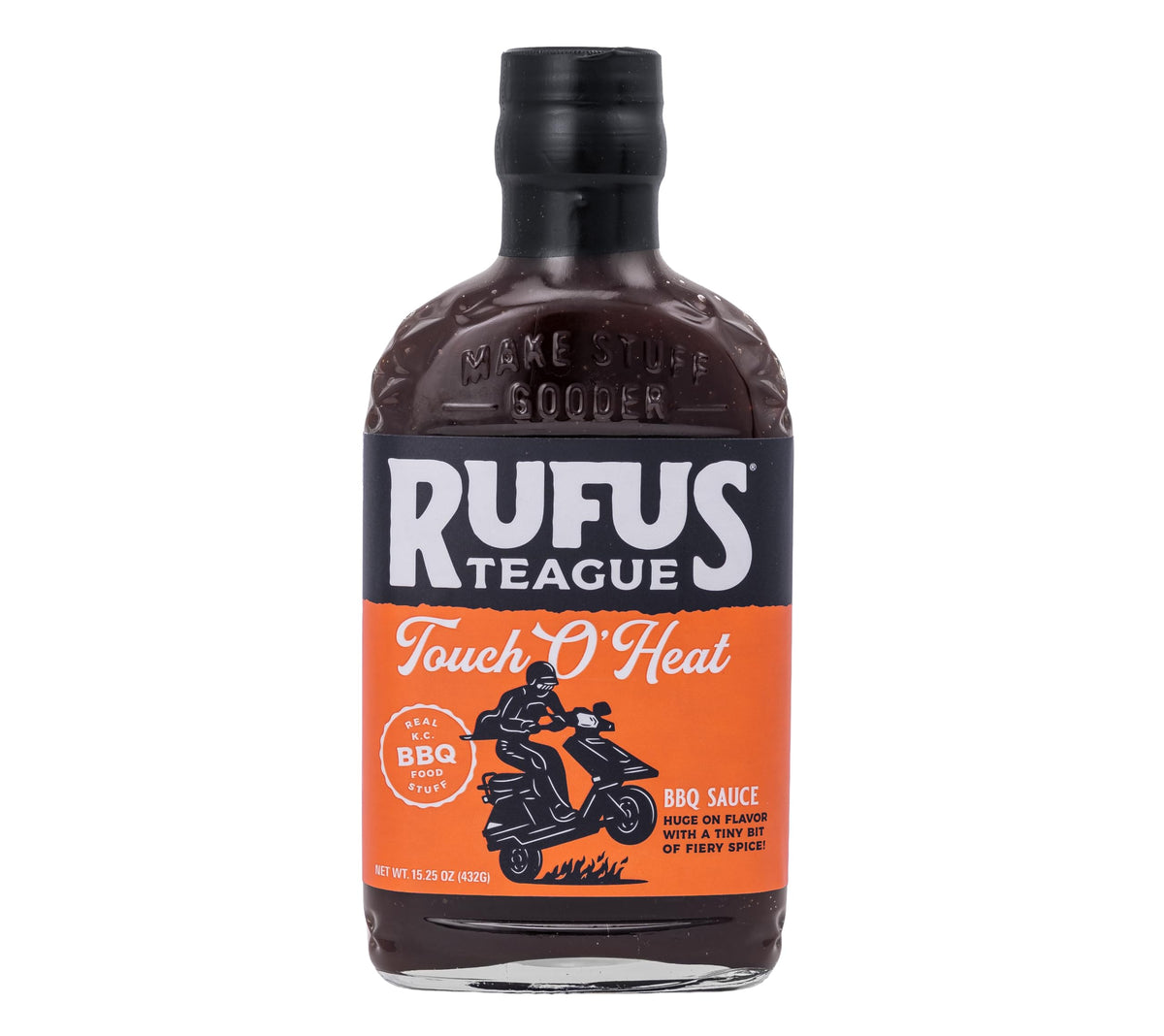 Rufus Teague front label showing brand and sweet-heat promise for easy recognition