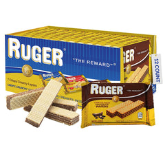 RUGER front packaging showing 12 individual chocolate wafer packs and branding benefit: convenient freshness