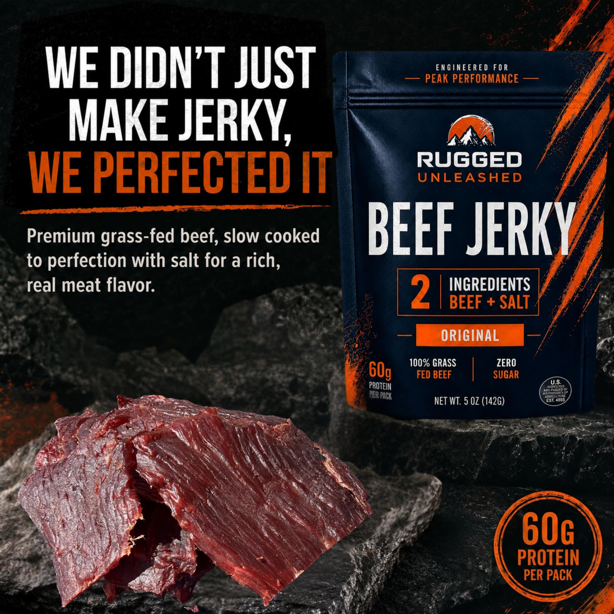 Rugged Unleashed close-up of jerky texture highlighting slow-cooked chew and marbling