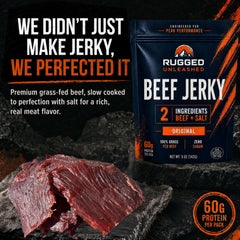 Rugged Unleashed close-up of jerky texture highlighting slow-cooked chew and marbling