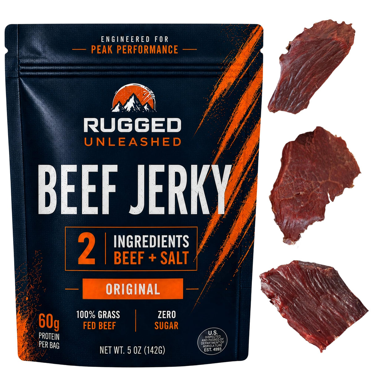 Rugged Unleashed front packaging showing clean two-ingredient branding and benefits