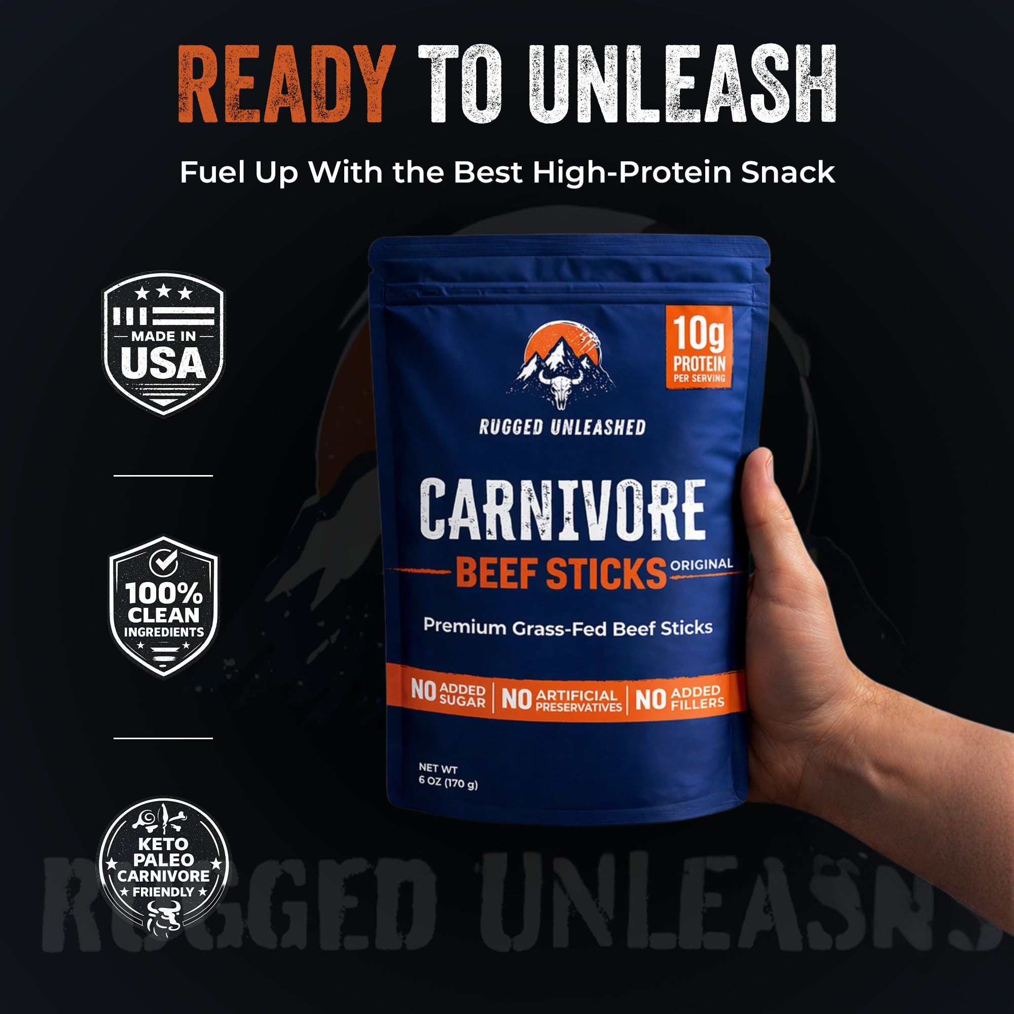 Rugged Unleashed beef sticks on cutting board showing serving presentation