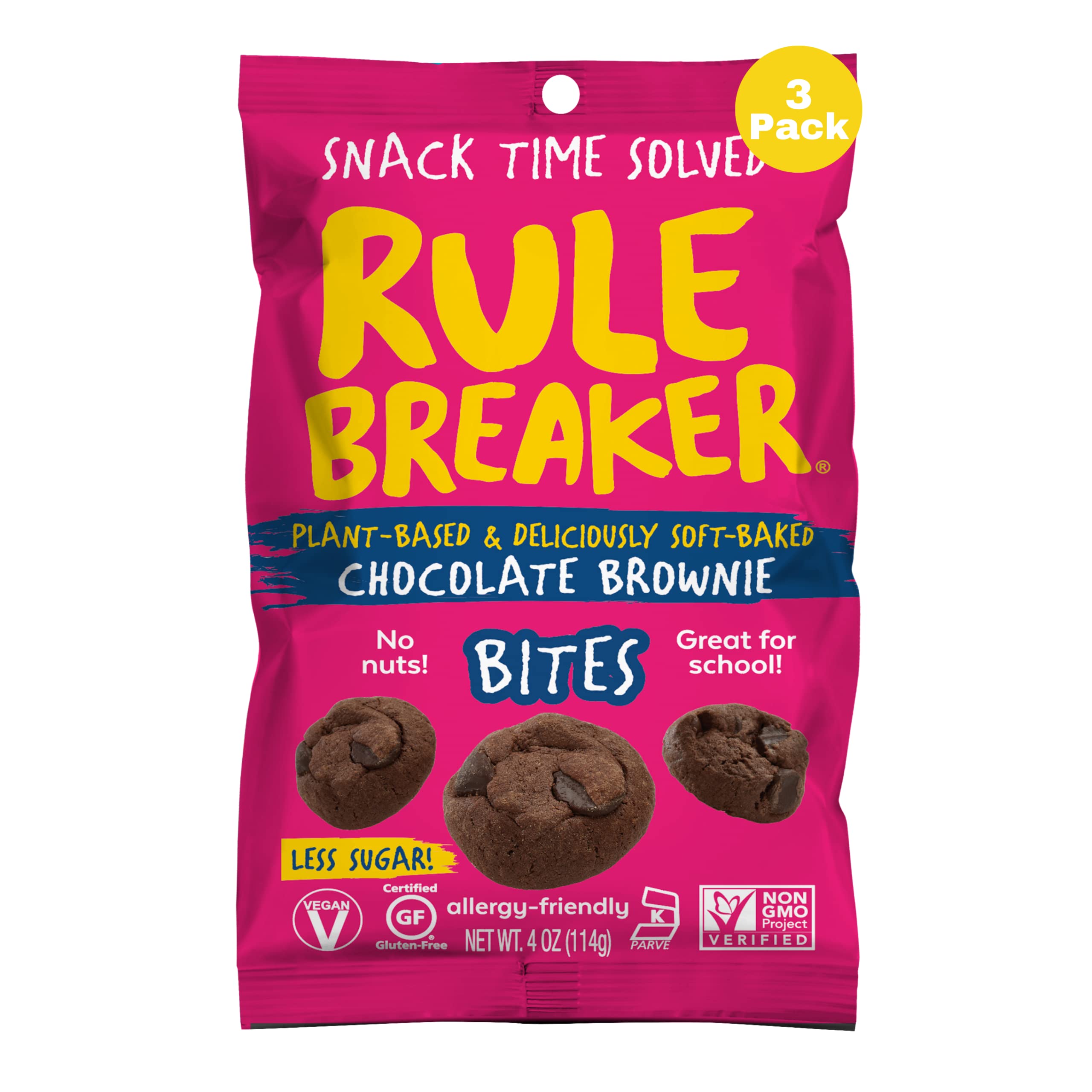 Rule Breaker front packaging showing chocolate brownie bites and convenience