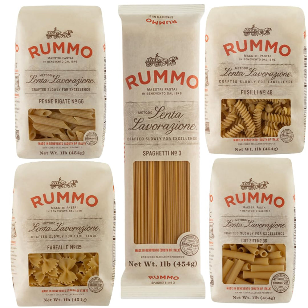 Rummo front packaging showing five pasta shapes and Italian origin benefits