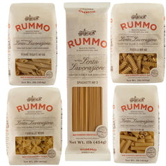 Rummo front packaging showing five pasta shapes and Italian origin benefits