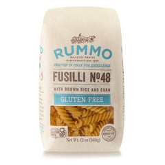 Rummo front packaging of gluten free fusilli showing brand and pack benefit