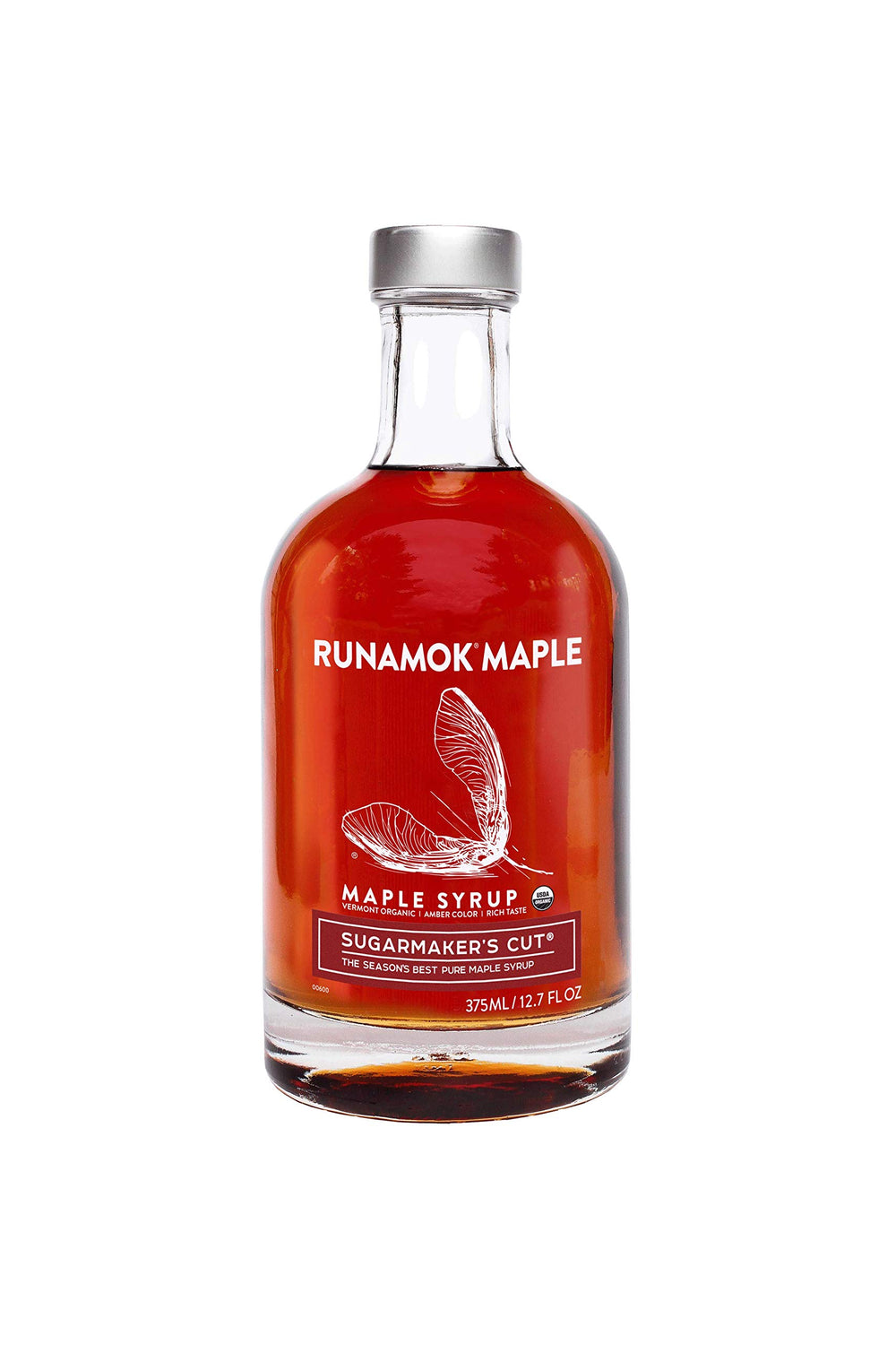 Runamok front bottle showing amber maple syrup and glass packaging benefit