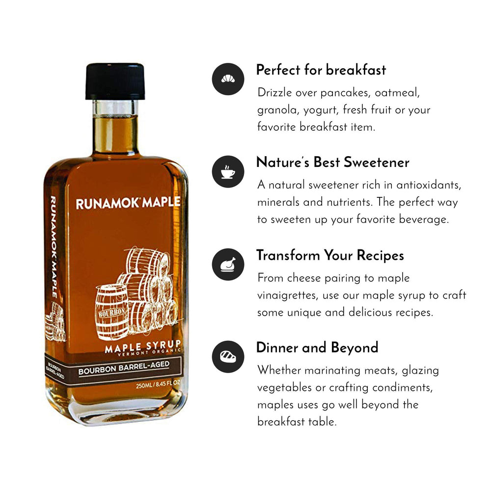 Runamok syrup pouring over pancakes illustrating flavor boost and serving suggestion benefits
