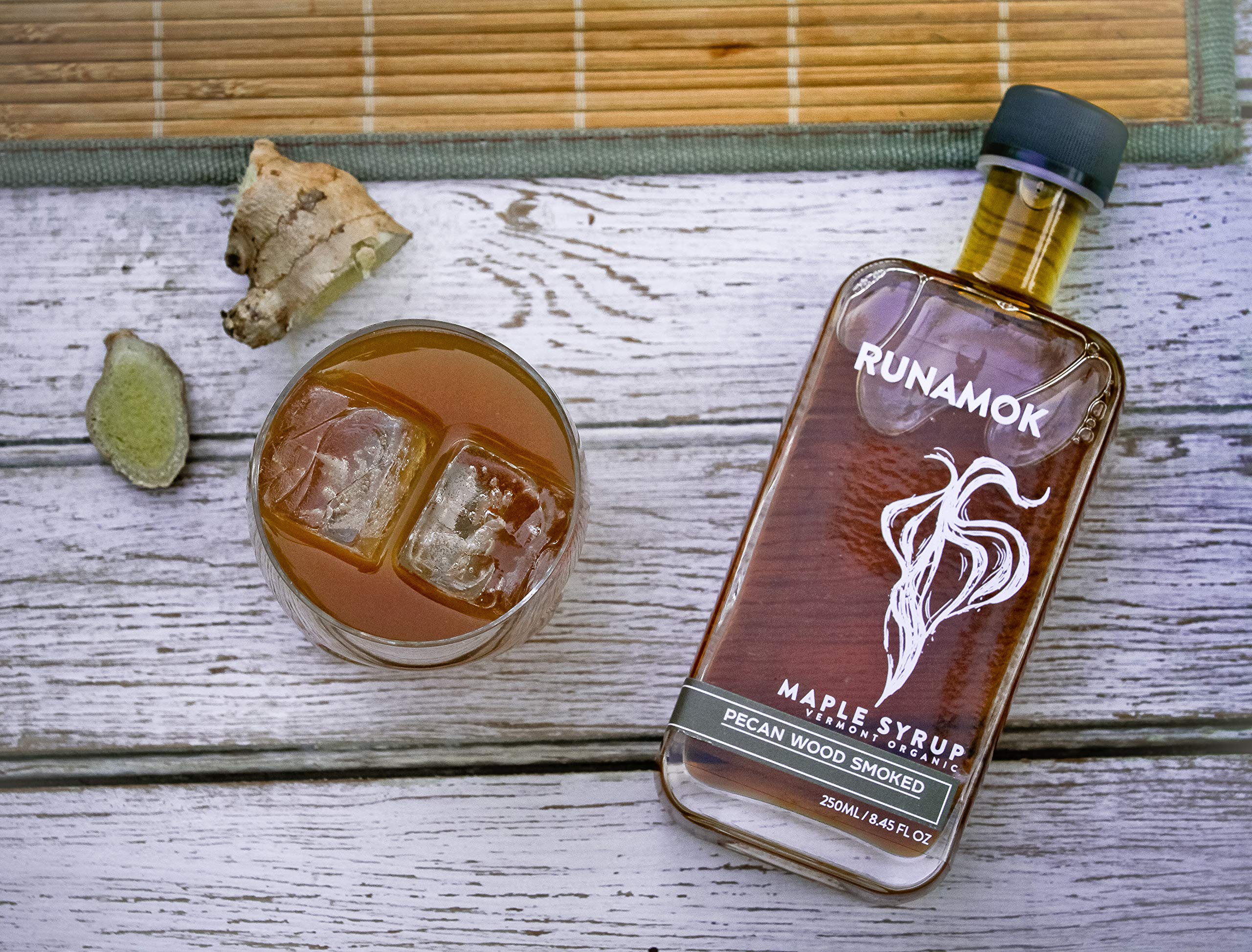 Runamok label close-up showing pecan smoke flavor and artisanal quality benefit
