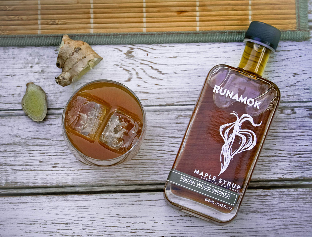 Runamok label close-up showing pecan smoke flavor and artisanal quality benefit