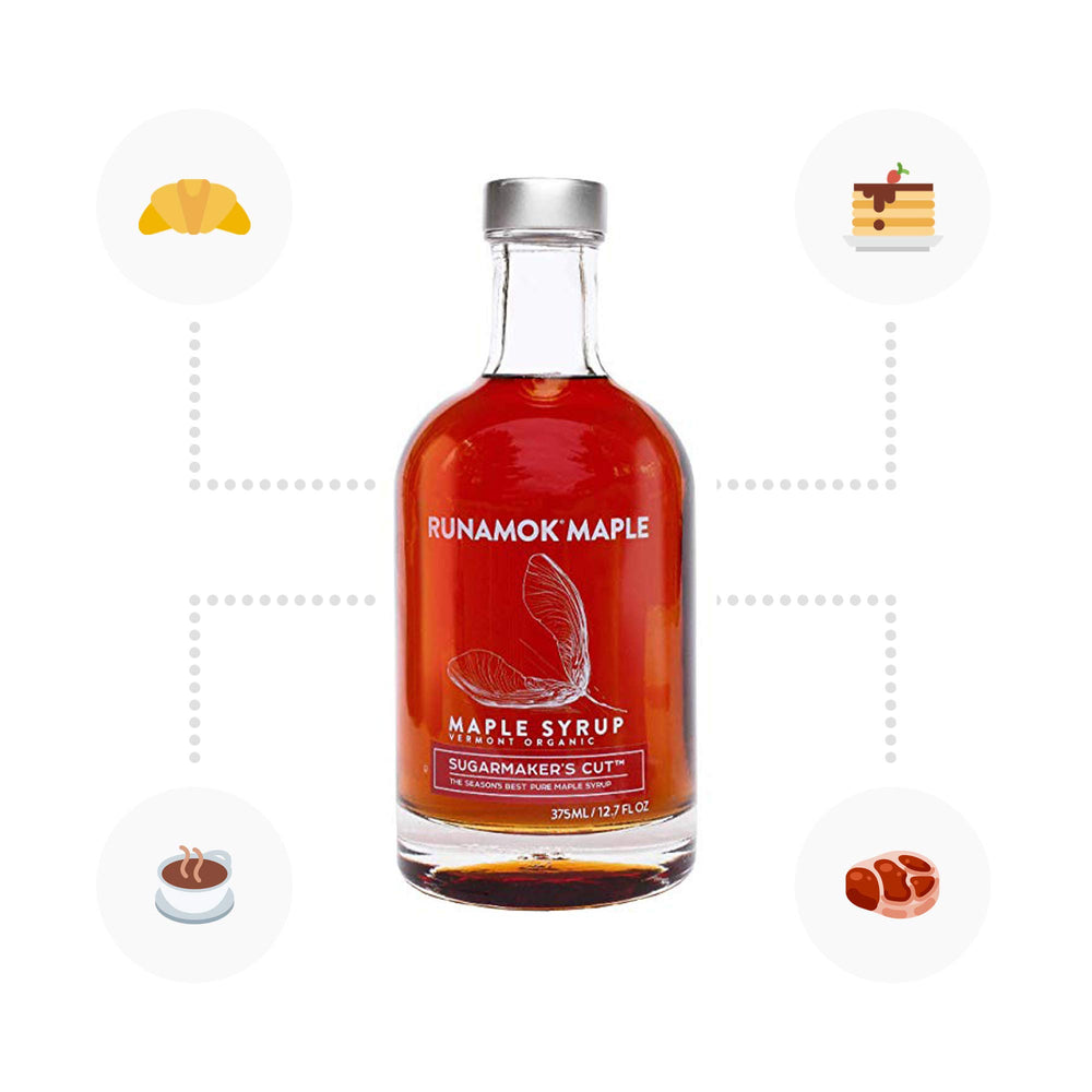 Runamok syrup being poured over pancakes adding rich maple flavor