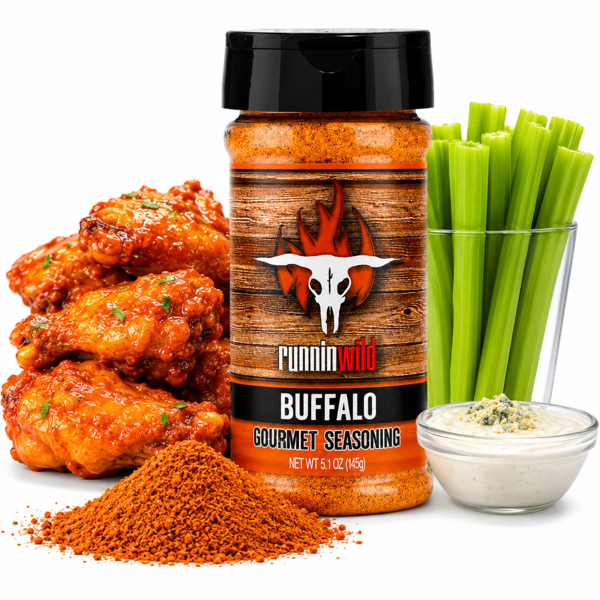 RunninWild bottle front view showing bold Buffalo seasoning and clear label benefit