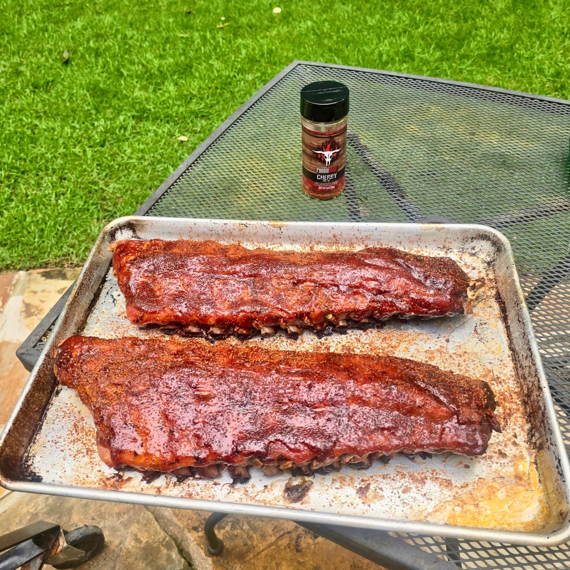 RunninWild cherry rub applied on ribs creating a caramelized crust benefit