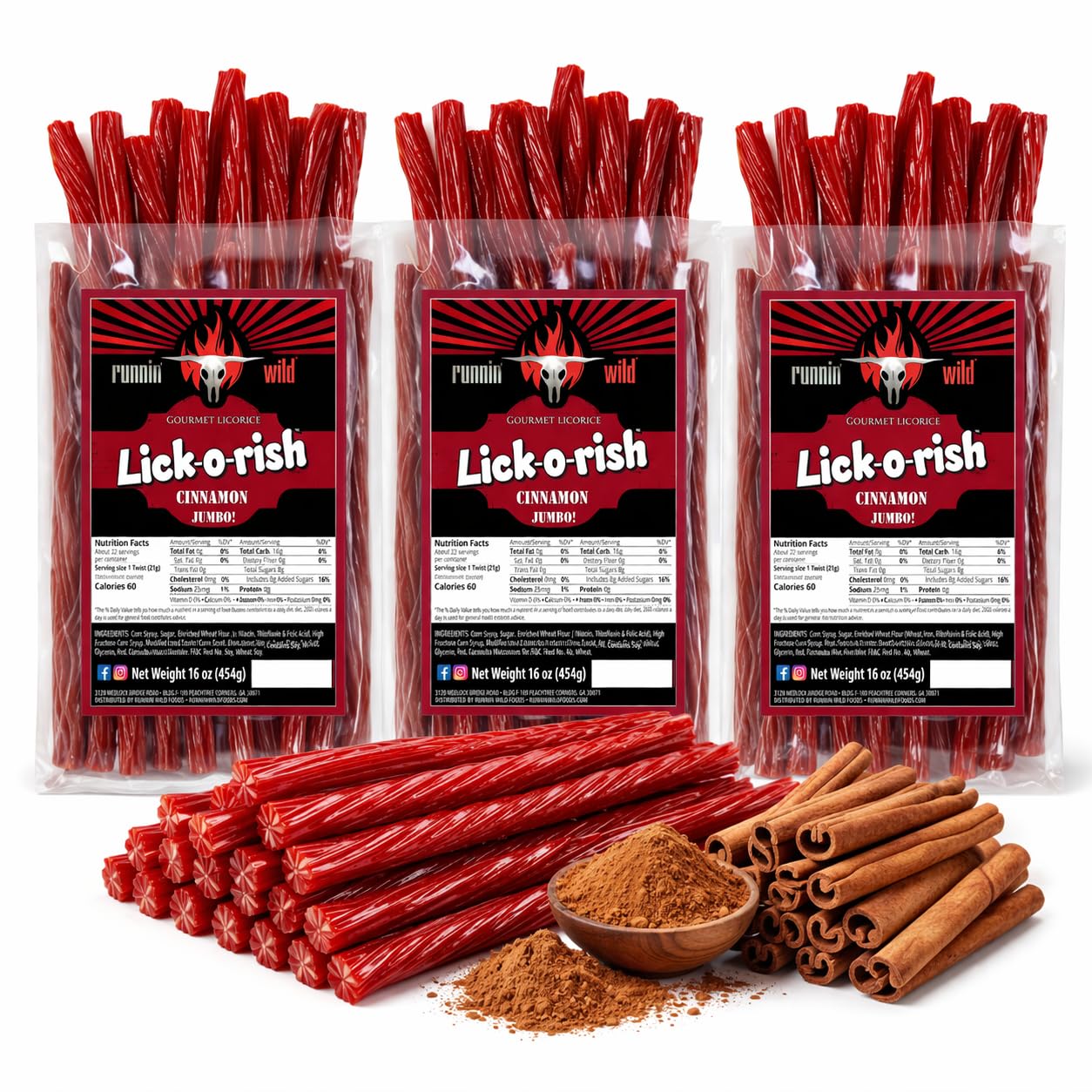 RunninWild front packaging showing 3 x 1 lb cinnamon licorice for quick selection