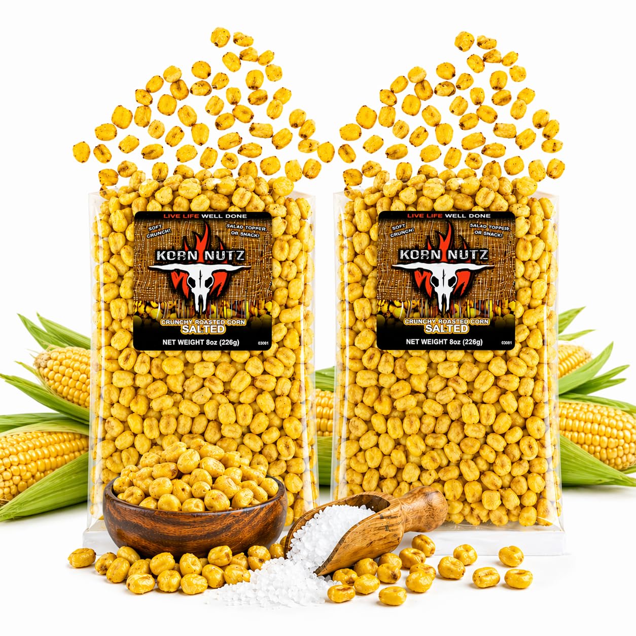 RunninWild front packaging showing Korn Nutz 1 lb and resealable bags for freshness