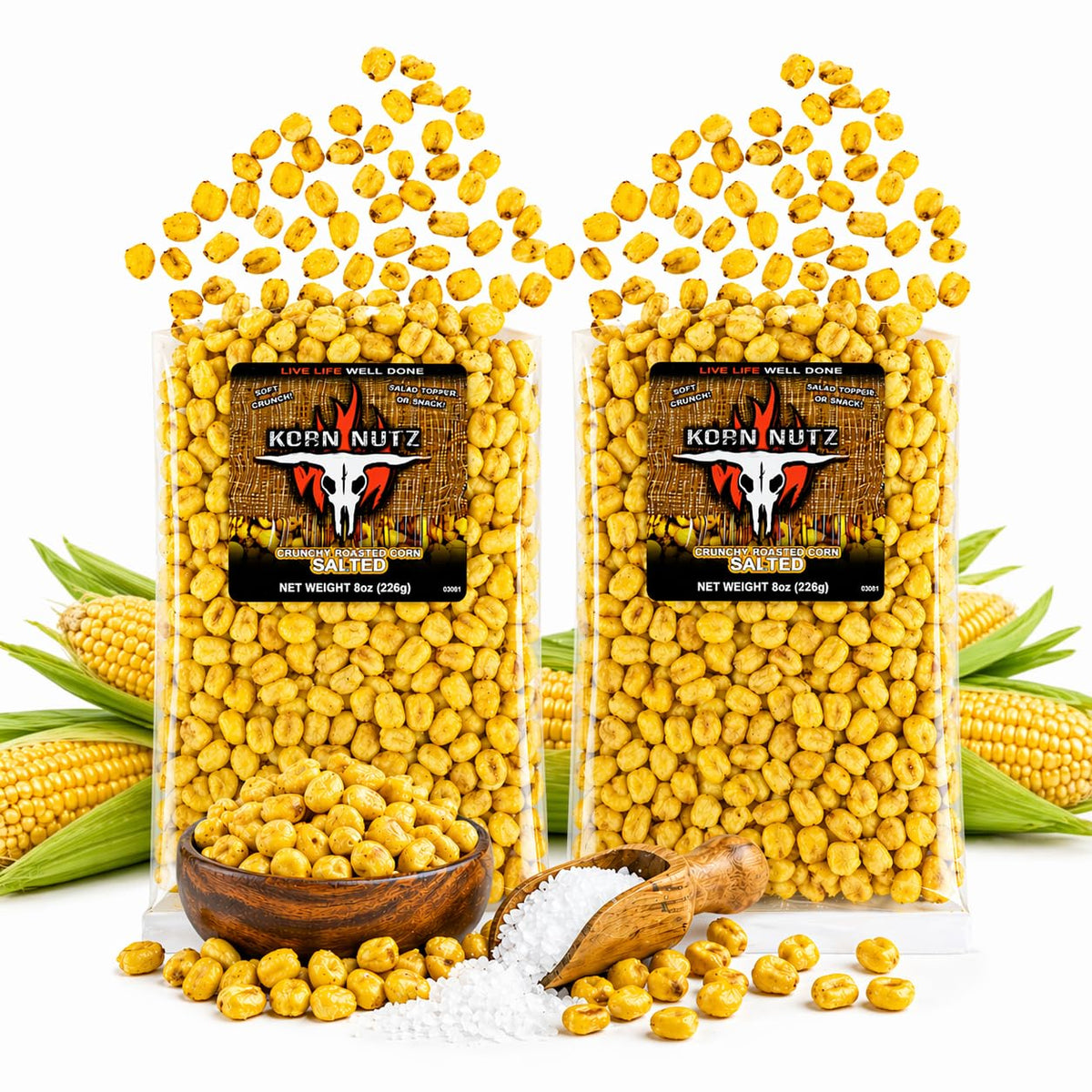 RunninWild front packaging showing Korn Nutz 1 lb and resealable bags for freshness