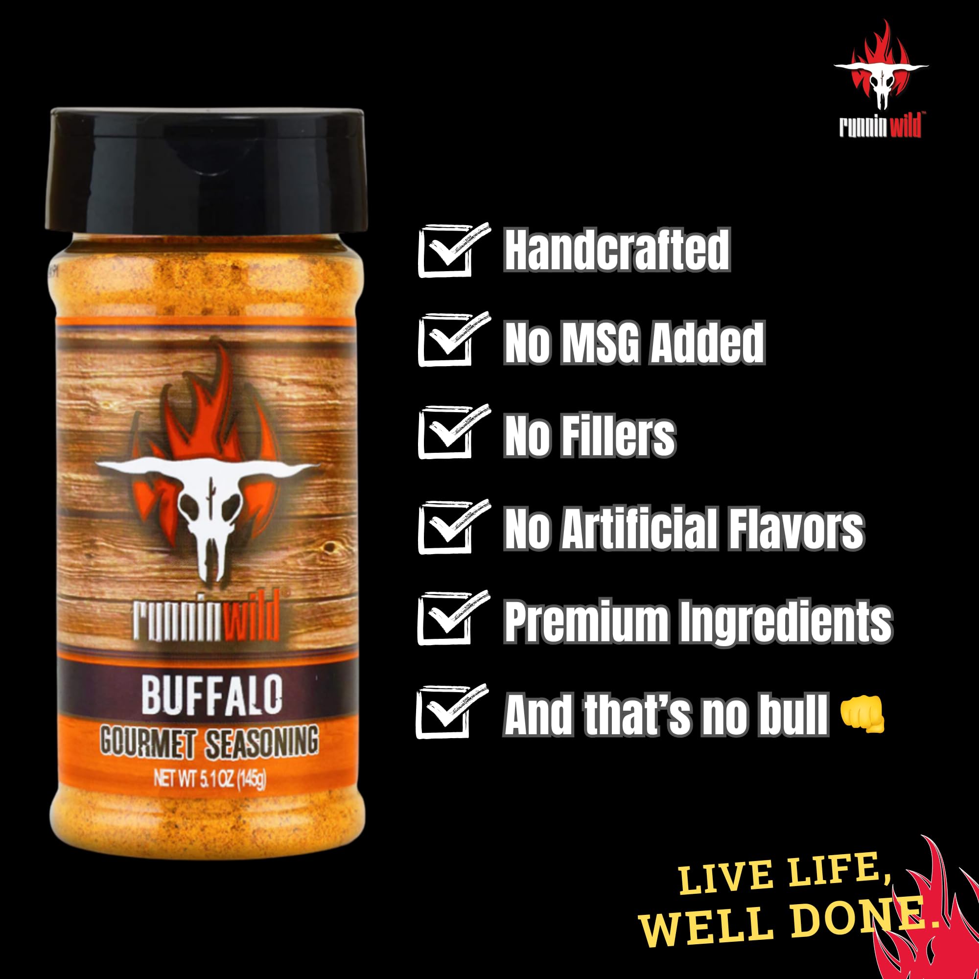 RunninWild label close-up highlighting ingredients and no-MSG reassurance