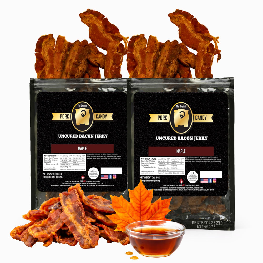 RunninWild front packaging of maple bacon jerky showcasing product and branding