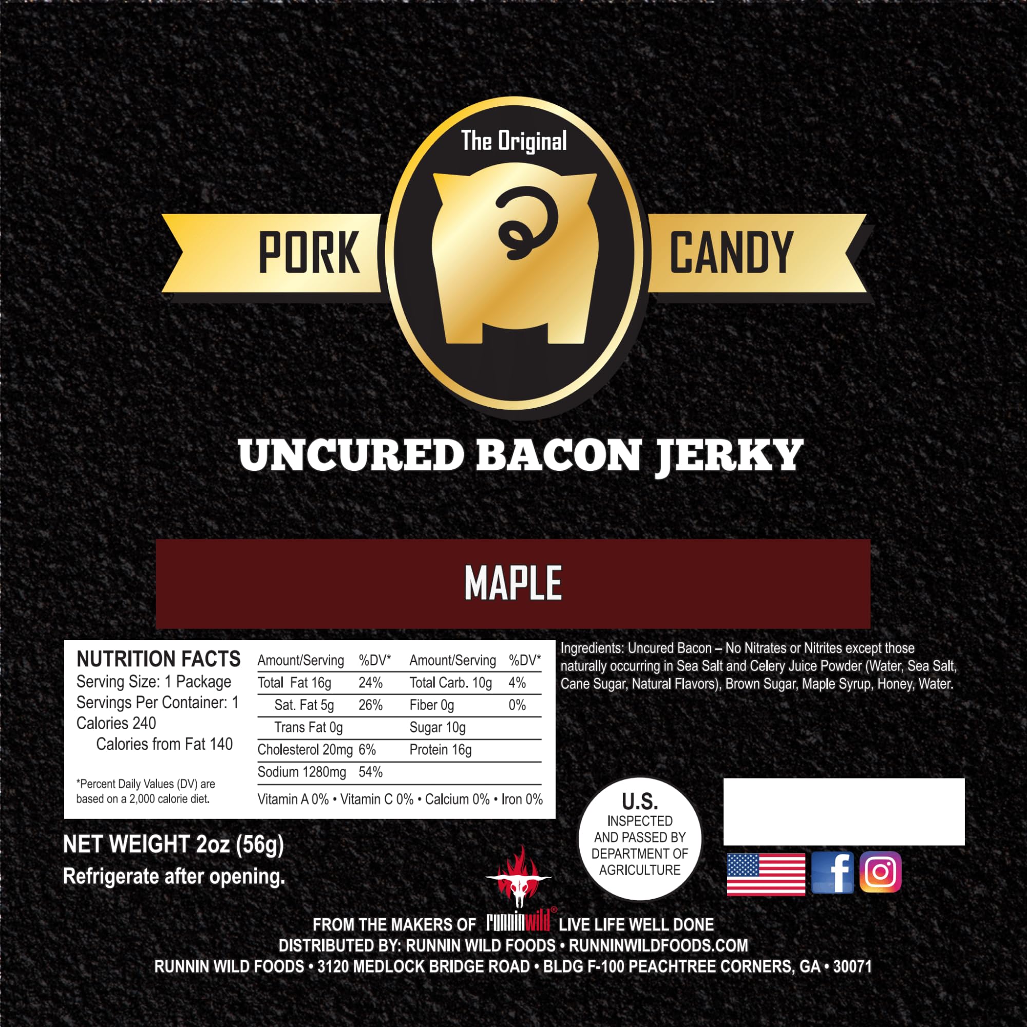 RunninWild nutrition and ingredient label showing uncured and no-MSG details