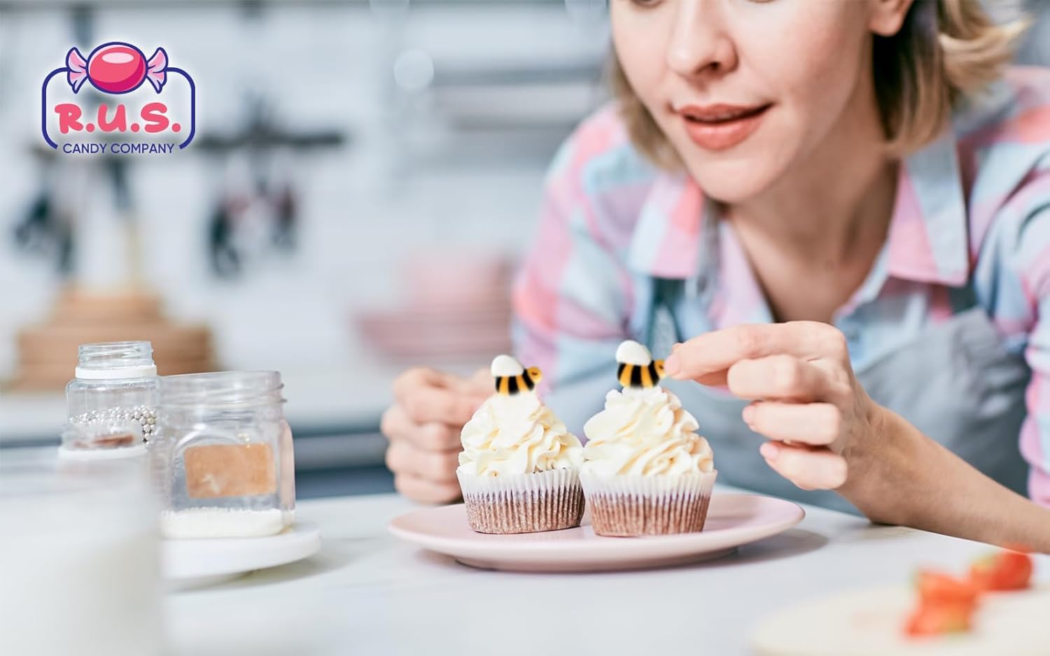 R.U.S. Candy bees on cupcake adding colorful, playful dessert appeal