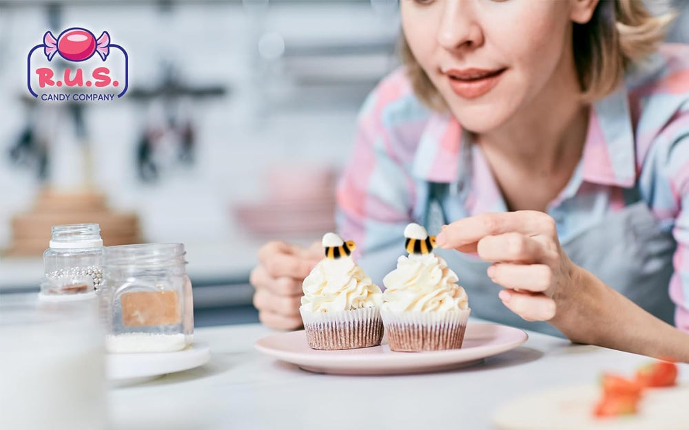R.U.S. Candy bees on cupcake adding colorful, playful dessert appeal