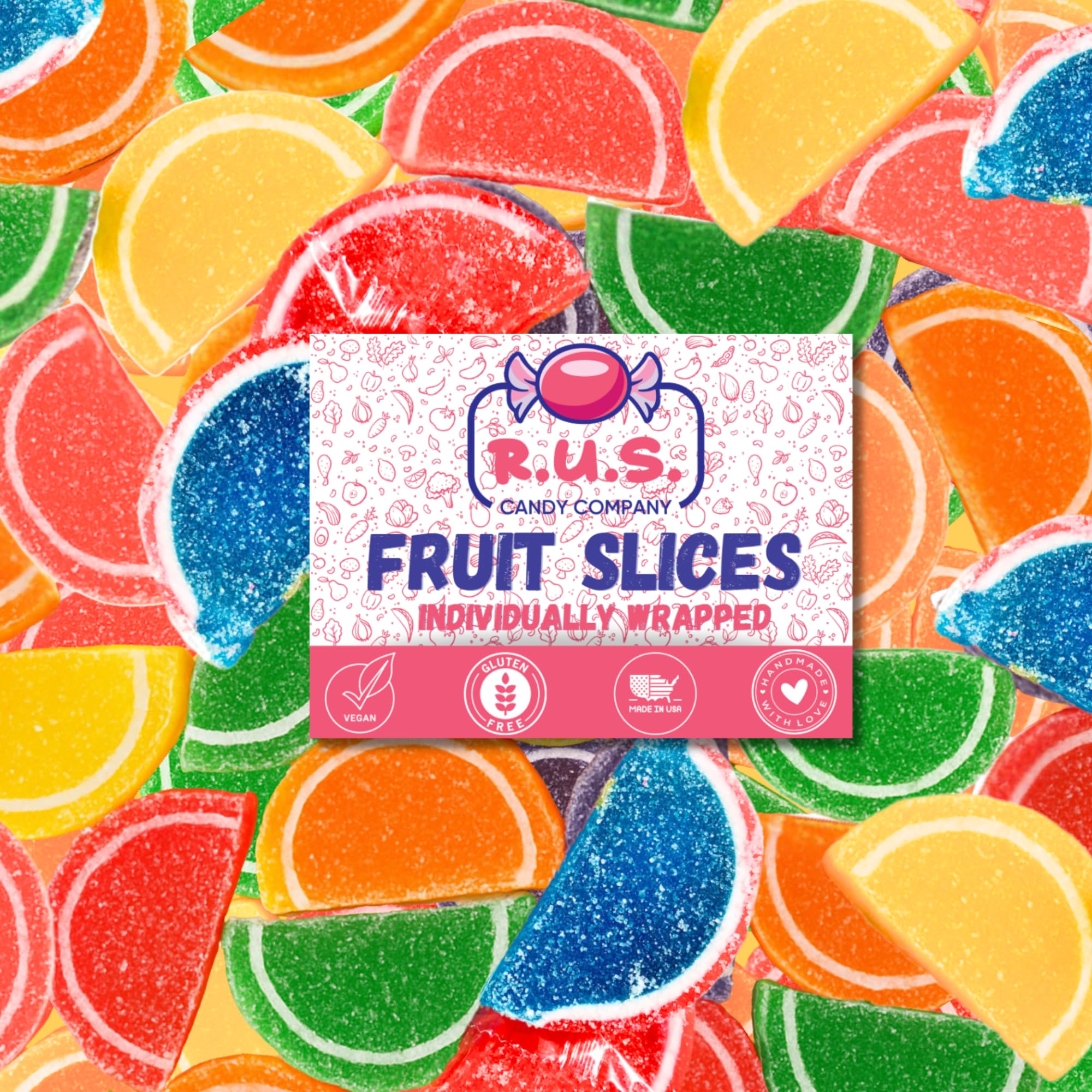 R.U.S. Candy front packaging showing 1 lb bag and colorful slices, great for parties