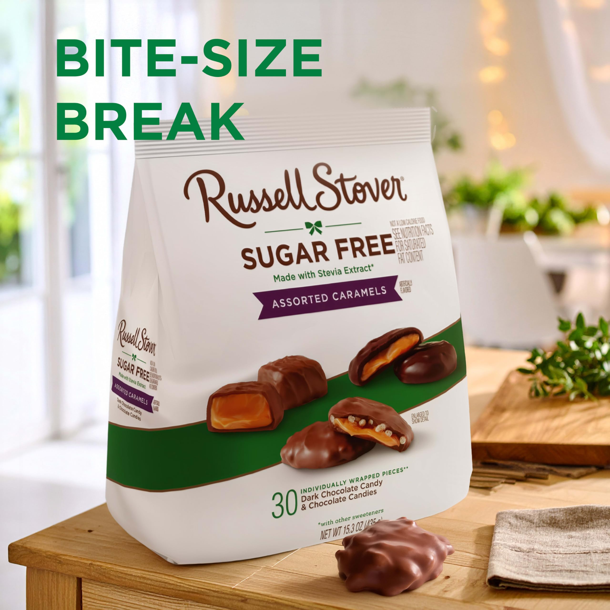 Russell Stover dark chocolate caramel medallion emphasizing rich cocoa coating for deeper taste