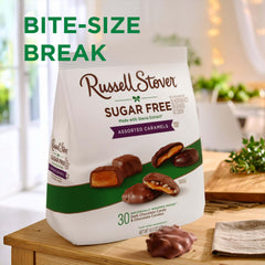 Russell Stover dark chocolate caramel medallion emphasizing rich cocoa coating for deeper taste