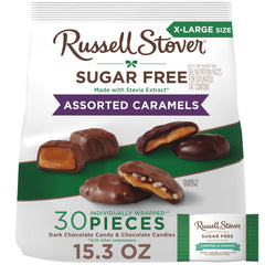 Russell Stover front packaging showing 15.3 oz bag and branding, convenient snacking